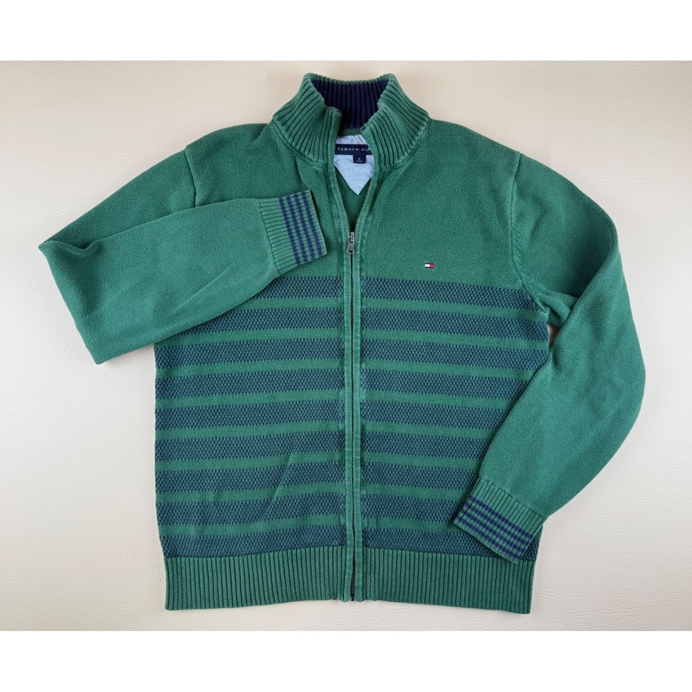 Preppy Full‎ Zip Sweater Striped Mock Neck Medium Tommy Hilfiger
